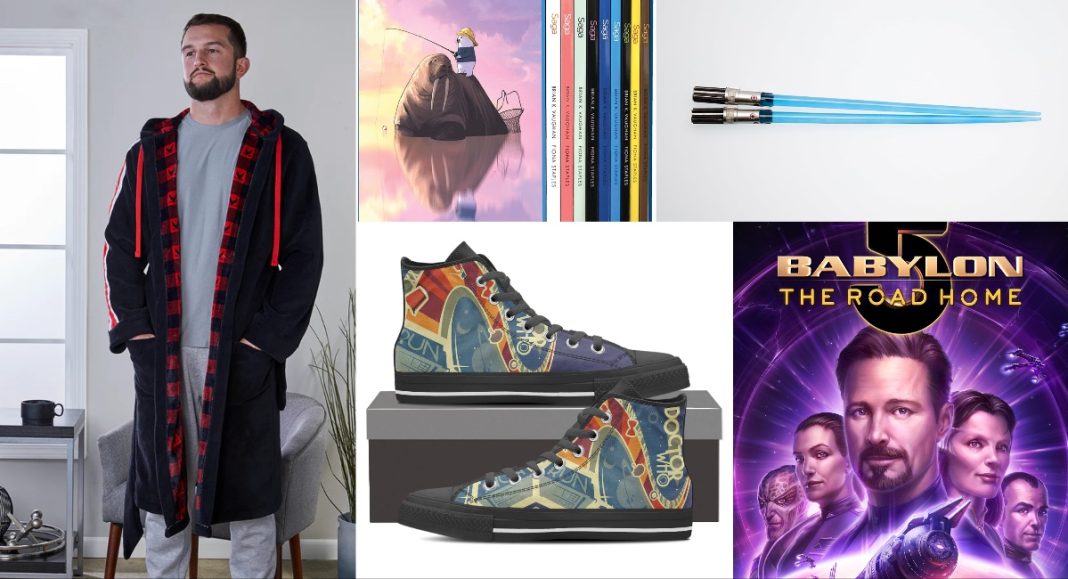 Sci-Fi Gift Guide 2023 cover image featuring Mass Effect robe, Doctor Who canvas sneakers, Saga box set, lightsaber chopsticks, and Babylon 5: The Road Home