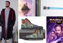 The Beat’s 2023 ultimate sci-fi gift guide for the holidays Sci-Fi Gift Guide 2023 cover image featuring Mass Effect robe, Doctor Who canvas sneakers, Saga box set, lightsaber chopsticks, and Babylon 5: The Road Home