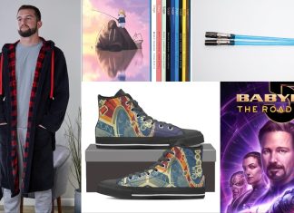 The Beat’s 2023 ultimate sci-fi gift guide for the holidays Sci-Fi Gift Guide 2023 cover image featuring Mass Effect robe, Doctor Who canvas sneakers, Saga box set, lightsaber chopsticks, and Babylon 5: The Road Home