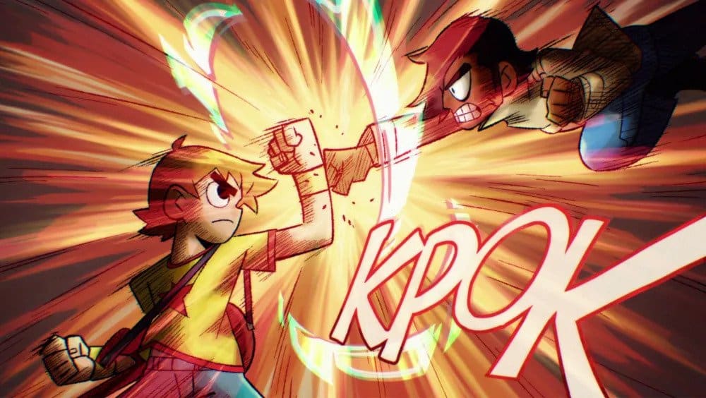 Scott and Matthew battle with Scott defending and a giant PKOK emerging by their fists for comic book effect