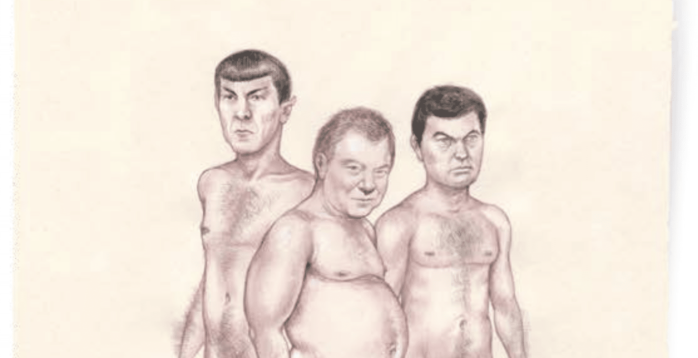 Nude life sketch depicting Leonard Nimoy, William Shatner and DeForest Kelley.