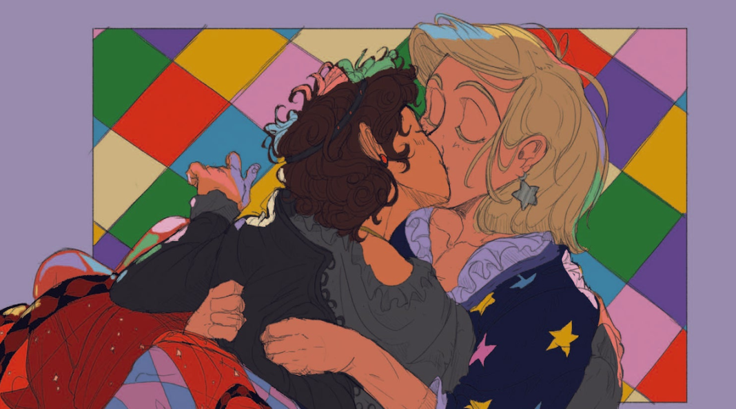 Jules kisses Casper against a checkered rainbow background. From The Chromatic Fantasy by H.A.