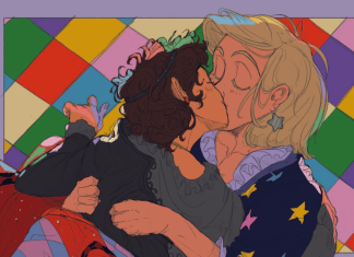 INTERVIEW: H.A. on THE CHROMATIC FANTASY’s fully realized Technicolor queer dream Jules kisses Casper against a checkered rainbow background. From The Chromatic Fantasy by H.A.