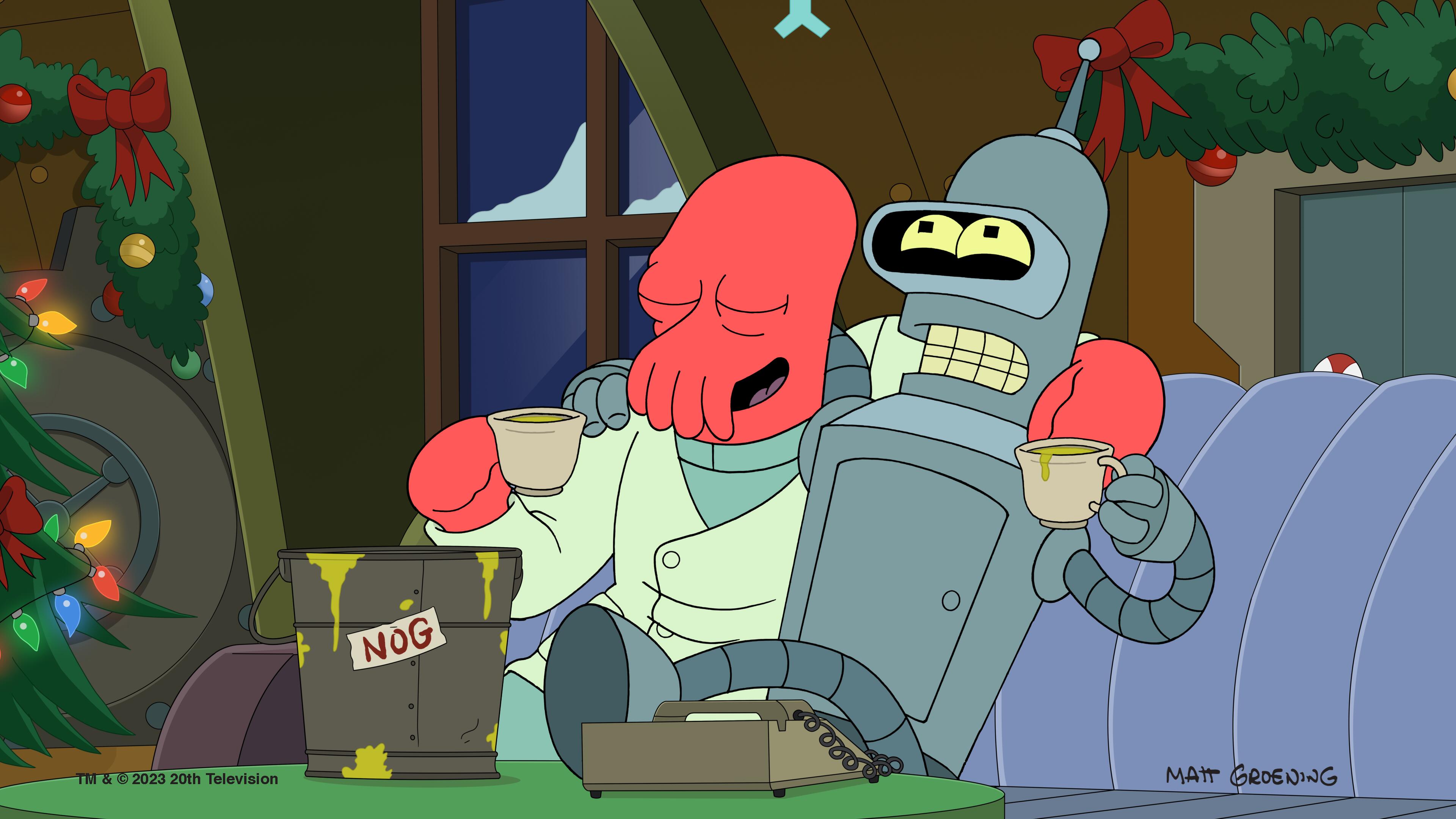 Zoidberg (Billy West) and Bender (John DiMaggio) share a bucket of dumpster nog in Futurama season 11's "I Know What You Did Next Xmas"