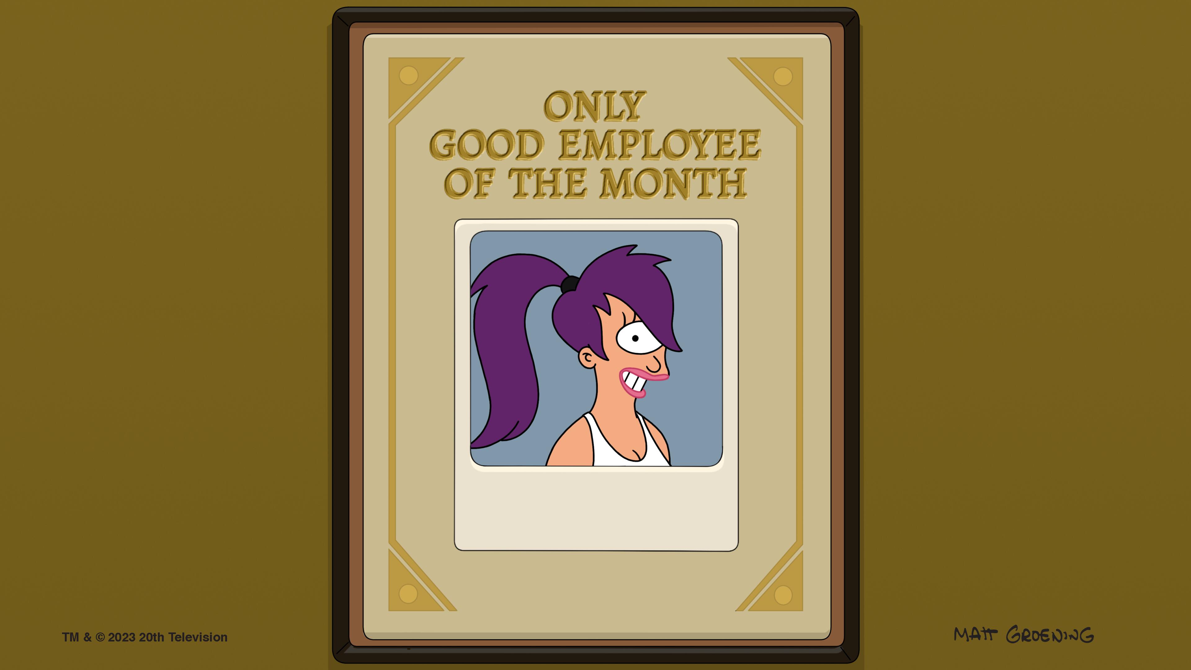 Turanga Leela (Katey Sagal) on the PlanEx "Only Good Employee of the Month" plaque.