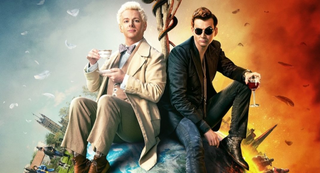 Michael Sheen as the angel Aziraphale and David Tennant as the demon Crowley sit back to back with the Tree of the Knowledge of Good and Evil between them. The poster says Good Omens.