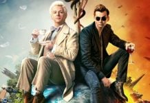 GOOD OMENS renewed for third and final season Michael Sheen as the angel Aziraphale and David Tennant as the demon Crowley sit back to back with the Tree of the Knowledge of Good and Evil between them. The poster says Good Omens.