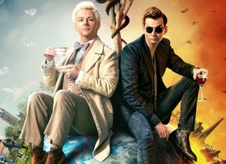 GOOD OMENS renewed for third and final season Michael Sheen as the angel Aziraphale and David Tennant as the demon Crowley sit back to back with the Tree of the Knowledge of Good and Evil between them. The poster says Good Omens.