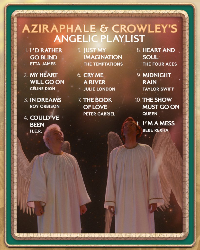 A playlist full of breakup songs, titles in white text against a background of Aziraphale and Crowley both in angel form, back before the Fall