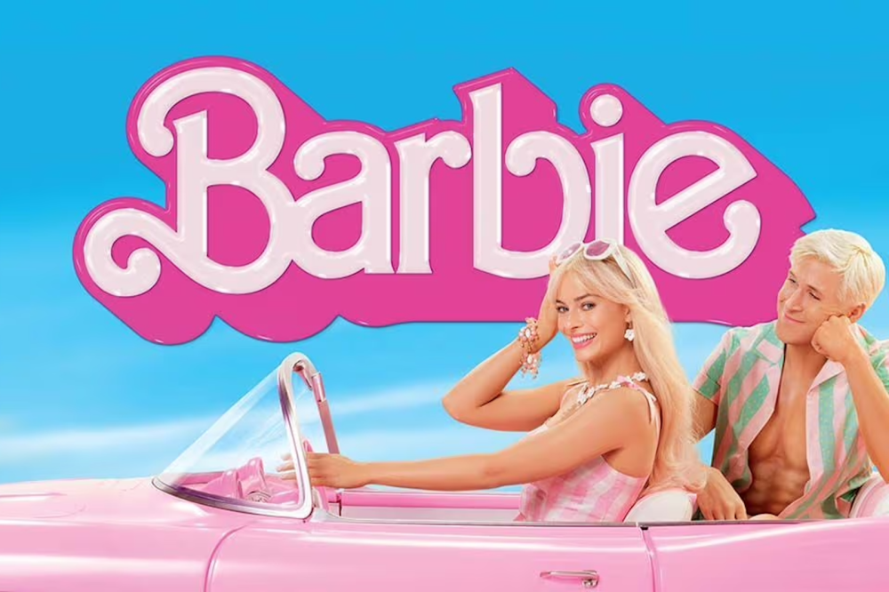 Margot Robbie as Barbie, a white woman with long blonde hair, wears a pink outfit and sits in a pink convertible with Ryan Gosling as Ken, a white man with white blonde hair wearing a pink and blue open shirt. The word Barbie is large, in pink and white, on a blue background.