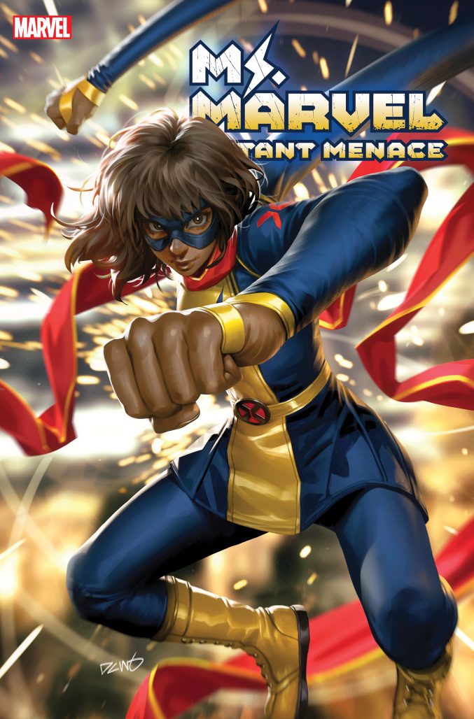 Cover of MS. MARVEL: MUTANT MENACE #1 by Darick Chew that sees Kamala Khan in blue and yellow uniform with her signature red scarf.