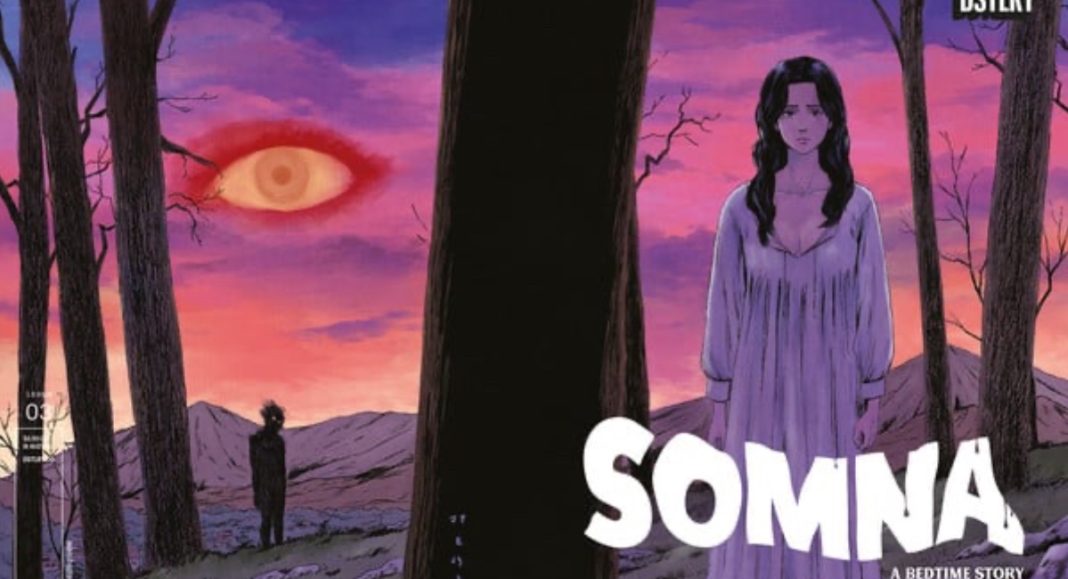 A dark haired woman in white nightgown stands in front of a tree, and against a pink and purple sky with an orange eye