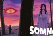 DSTLRY and Kodansha announce new partnership! A dark haired woman in white nightgown stands in front of a tree, and against a pink and purple sky with an orange eye