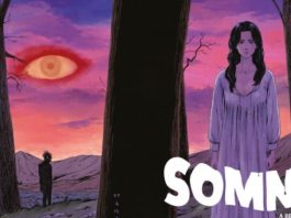 DSTLRY and Kodansha announce new partnership! A dark haired woman in white nightgown stands in front of a tree, and against a pink and purple sky with an orange eye