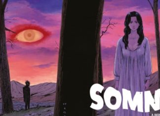 DSTLRY and Kodansha announce new partnership! A dark haired woman in white nightgown stands in front of a tree, and against a pink and purple sky with an orange eye
