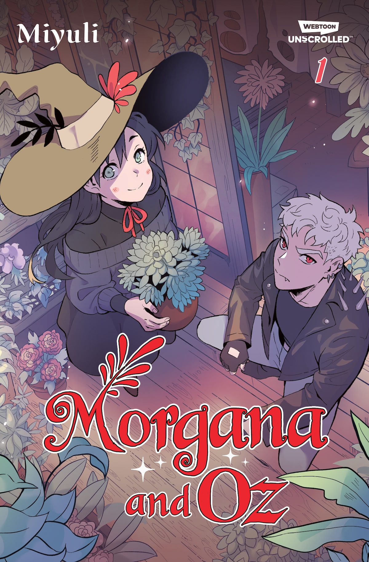 Morgana and Oz Volume One cover. Morgana (holding a plant) and Oz are both in a greenhouse looking up at you. Miyuli (author) is written on the top left and the WEBTOON Unscrolled logo is in the top right over the number 1.
