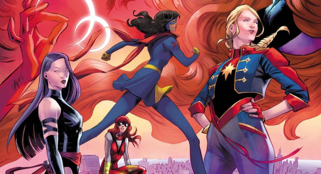 WOM2024001_cvr (1) cover of psylocke, Ms. Marvel, Jackpot, and Captain Marvel for the women of marvel #1 issue