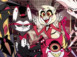 TV Review: Check in for a sacrilegious sing-along at HAZBIN HOTEL Sir Pentious, Husk, Charlie Morningstar, Niffty and Angel Dust on Hazbin Hotel.