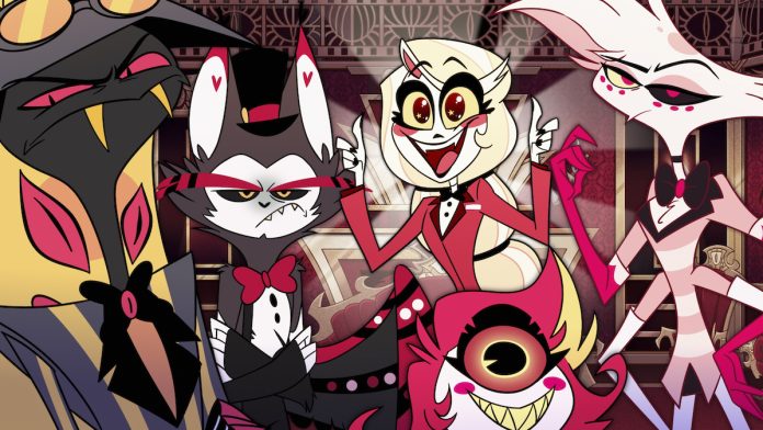 Hazbin Hotel Sir Pentious, Husk, Charlie Morningstar, Niffty and Angel Dust on Hazbin Hotel.