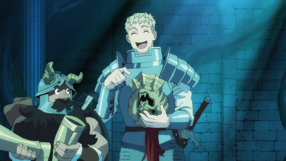 laios smiles holding helmet, also senshi is there