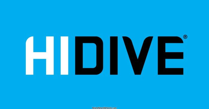 HiDIVE logo screenshot of the HIDIVE logo. HI in white. DIVE in black. Light blue solid color in backdrop.