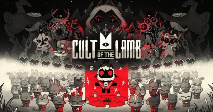 cult of the lamb cover art of the lamb, lit in red pentagram, overseeing its followers