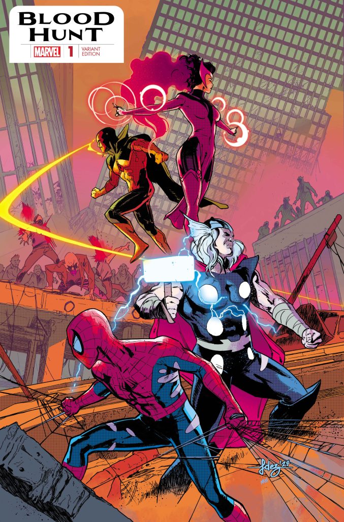 Fernandez Foil for Bloodhunt issue #1 that sees Scarlet Witch, Thor, and Spider-Man on the cover