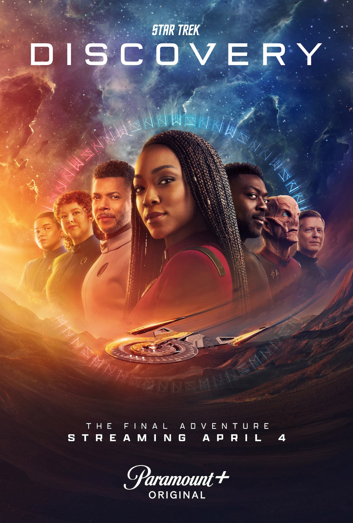 L-R Blu Del Barrio as Adira, Mary Wiseman as Tilly, Wilson Cruz as Culber, Sonequa Martin-Green as Burnham, David Ajala as Book, Doug Jones as Saru and Anthony Rapp as Stamets in season 5 of the Paramount+ original series STAR TREK: DISCOVERY.