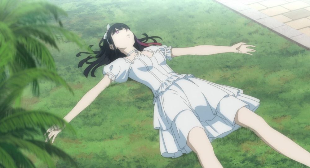 Girl in white dress lays down in a lawn in the Metallic Rouge anime