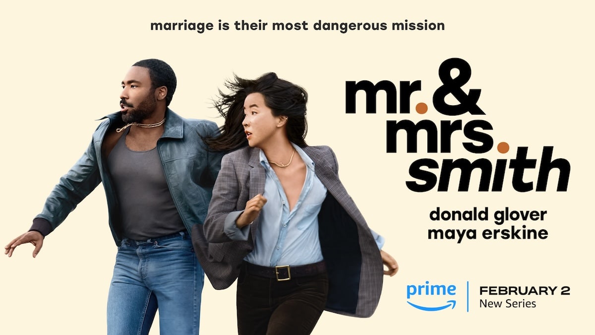 Mr & Mrs Smith Prime Video asset showing a Black man and Asian woman running, with lettering that reads Mr. & Mrs. Smith, Prime Video February 2