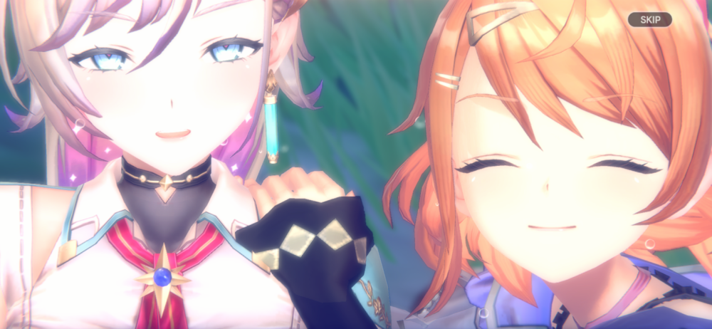 Portion of the gacha animation of Atelier Resleriana showing the two titular characters; Valeria and Resna and their growing bond.