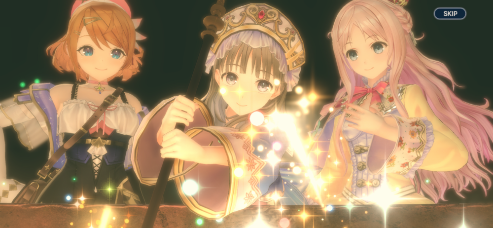 Resna and a couple characters from various Atelier series synthesizing a new alchemical item.