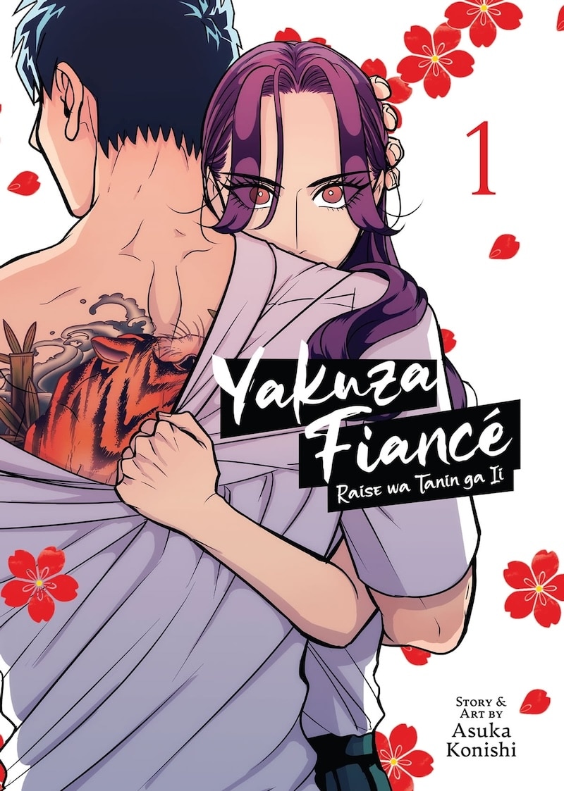 Yakuza Fiance manga cover shows a woman holding a man and pulling down the back of his shirt, where you can see a tiger tattoo