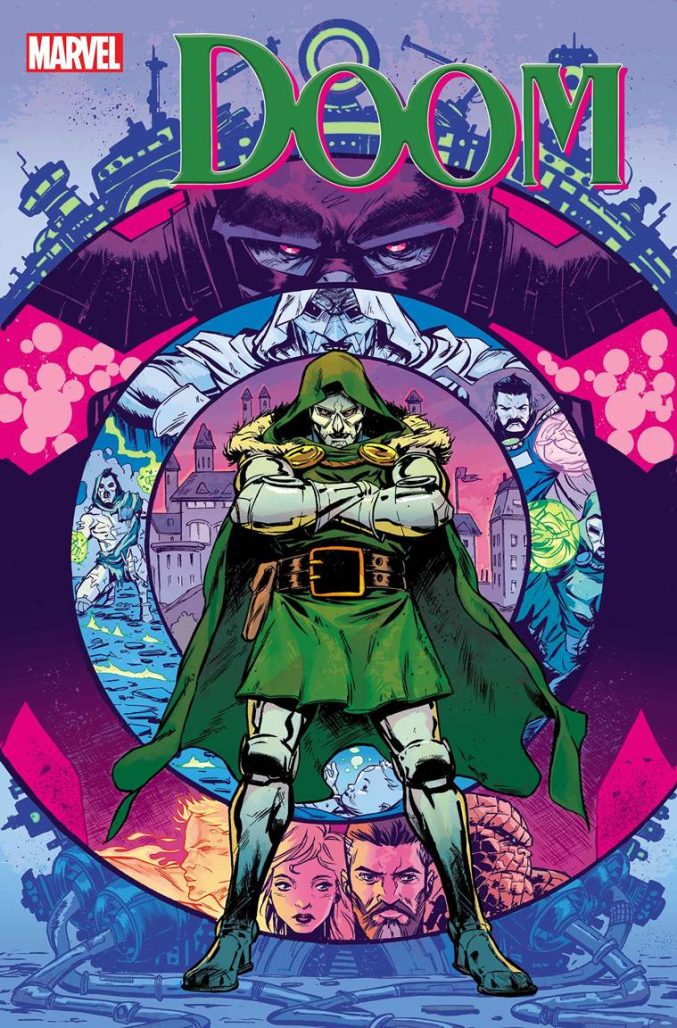 Doctor Doom #1 cover featuring the villain in green with a target of blue and pinks backdrop