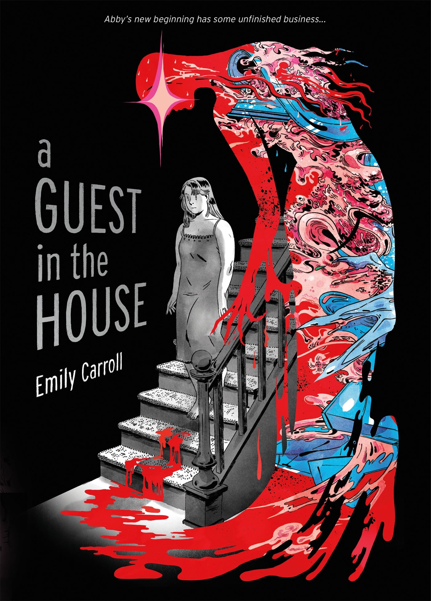 Image shows a woman descending a staircase as a red and blue figure towers above her, with text reading "A Guest in the House by Emily Carroll" from First Second