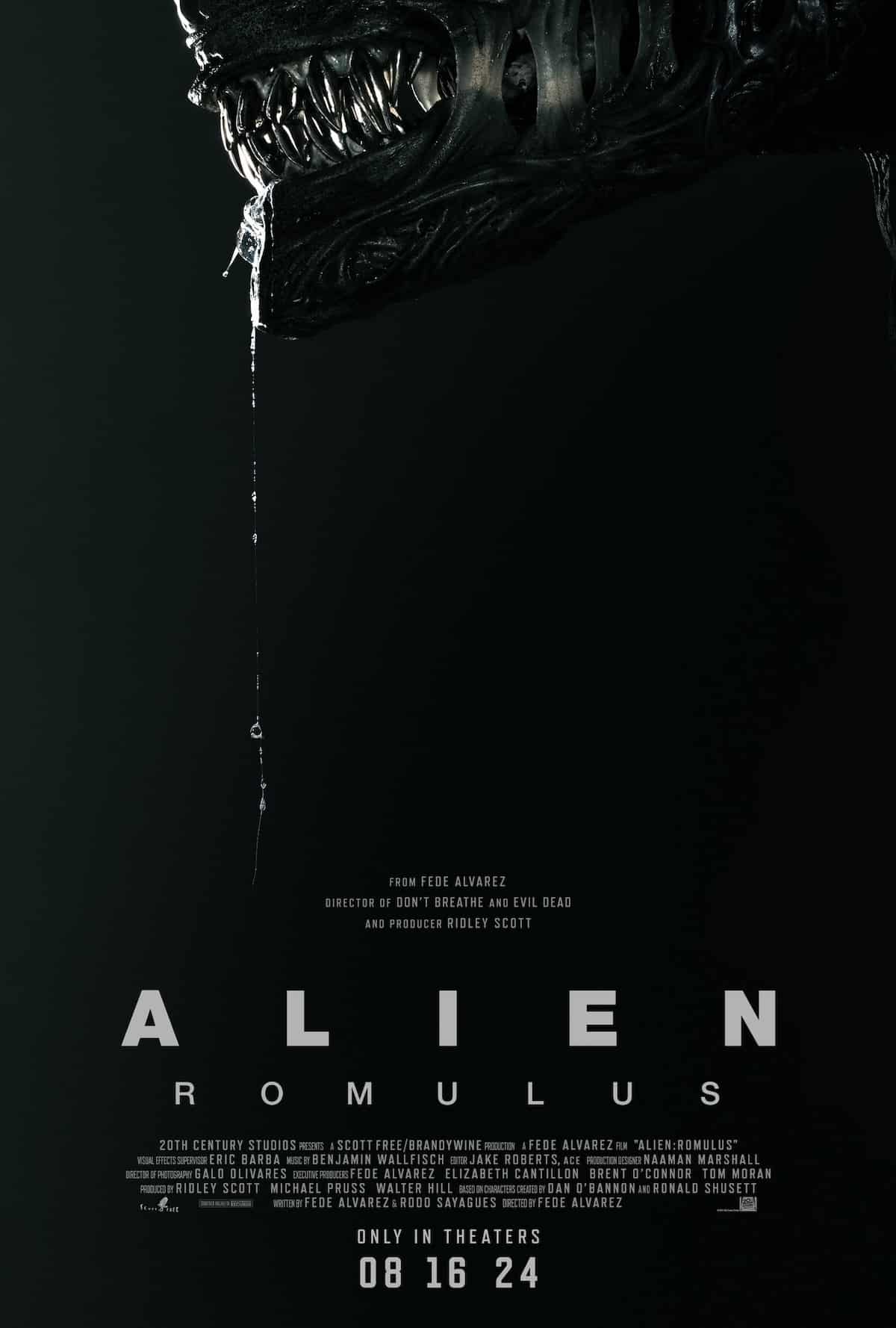 Poster for Alien: Romulus. It's mostly black except for the bottom jaw of a Xenomorph.