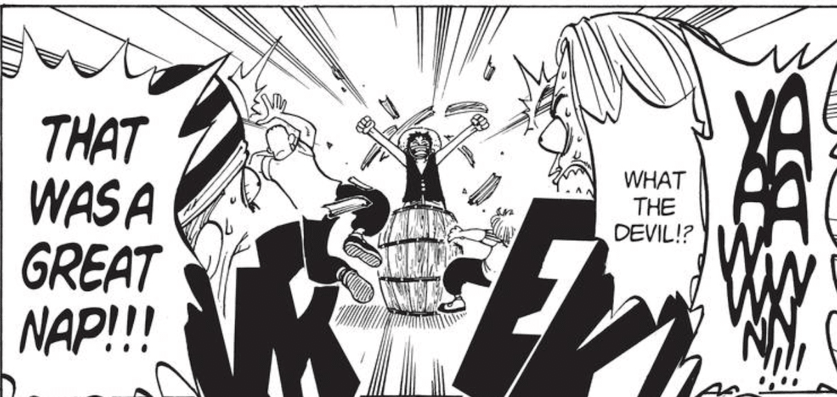 Luffy wakes up from a nap bursting a barrel