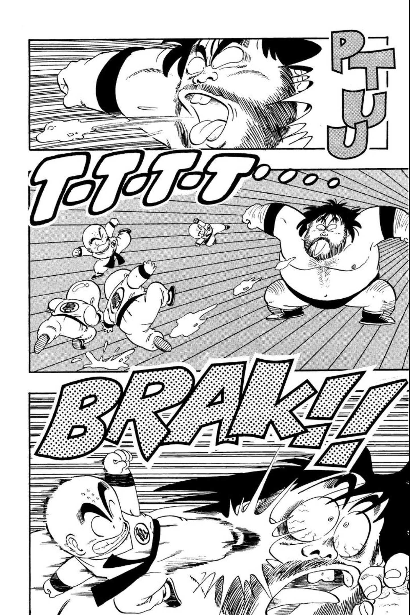 Kuririn narrowly avoids getting attacked during the Budokai tournament.