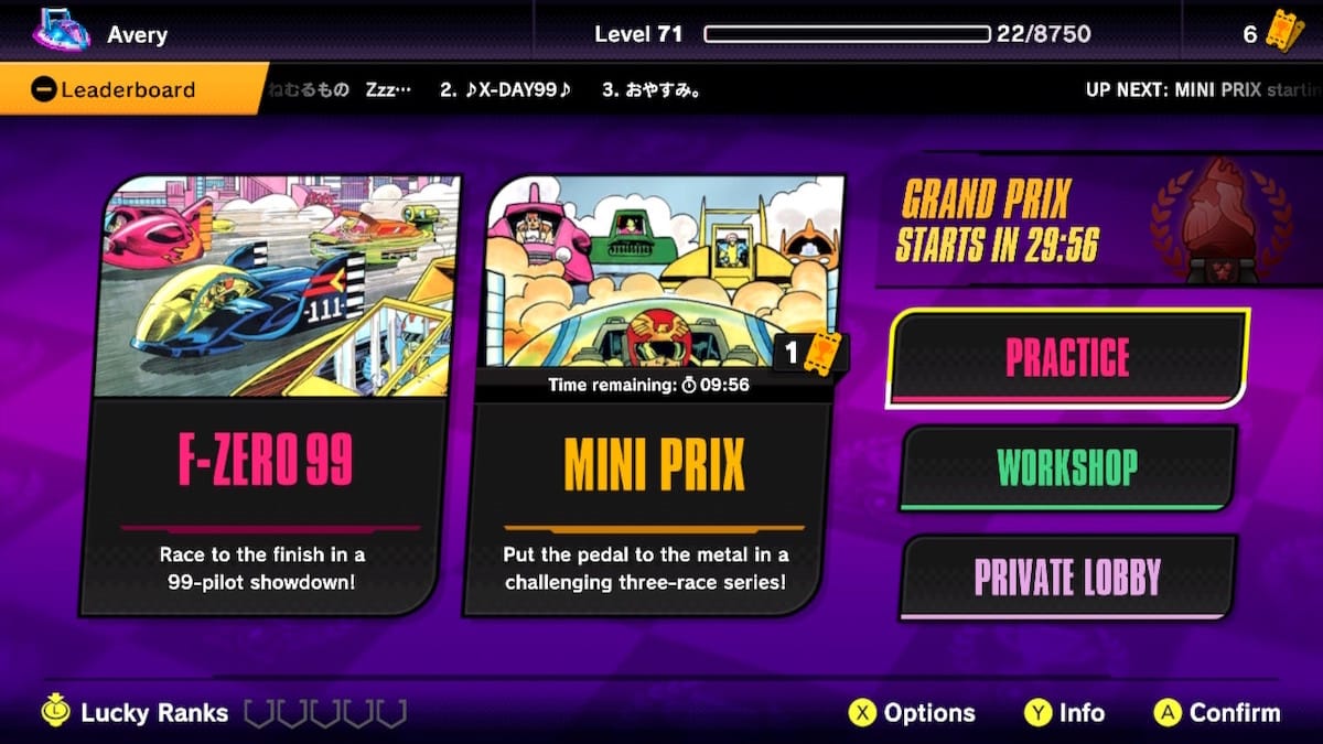 F-Zero 99 main menu. The F-Zero 99 and Mini Prix buttons both have art from the Valiant-produced comic.