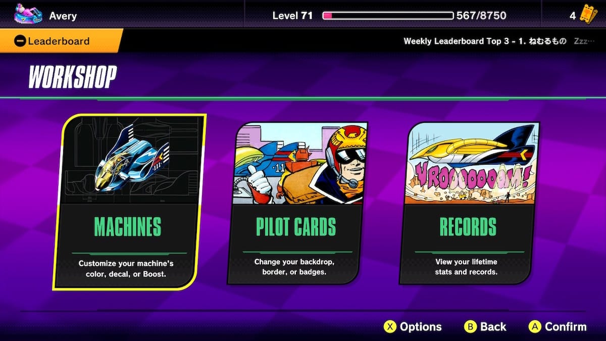 Three options on the F-Zero 99 workshop menu. Two have images from the comic. These are Pilot Cards (Cap Falcon) and Records (Falcon Flyer).