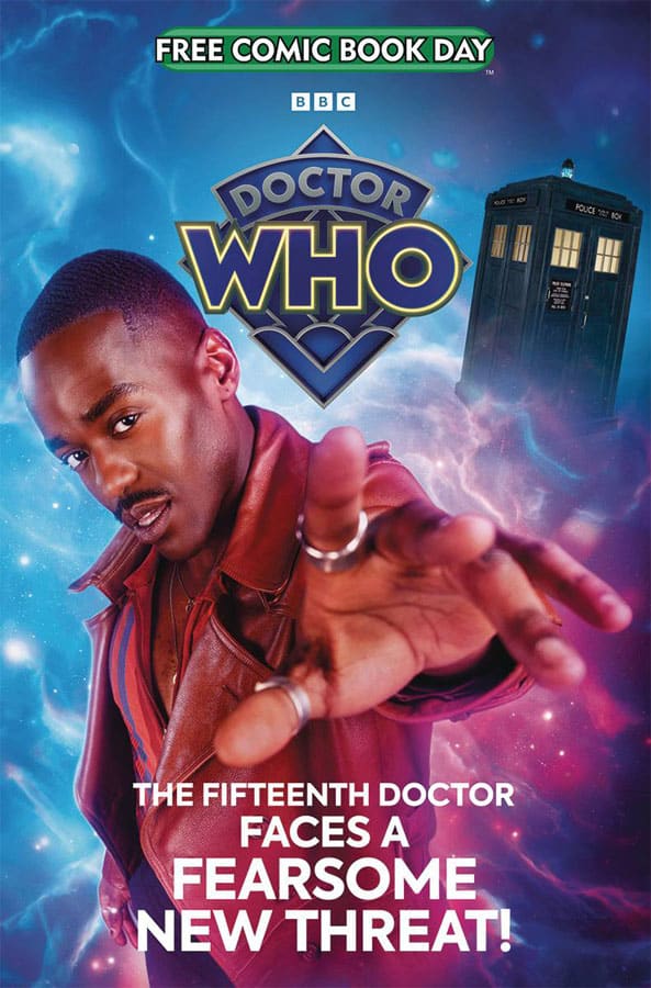 Doctor Who: The Fifteenth Doctor FCBD Photo Cover. The Doctor holds out his hand towards the reader with the TARDIS in the background.