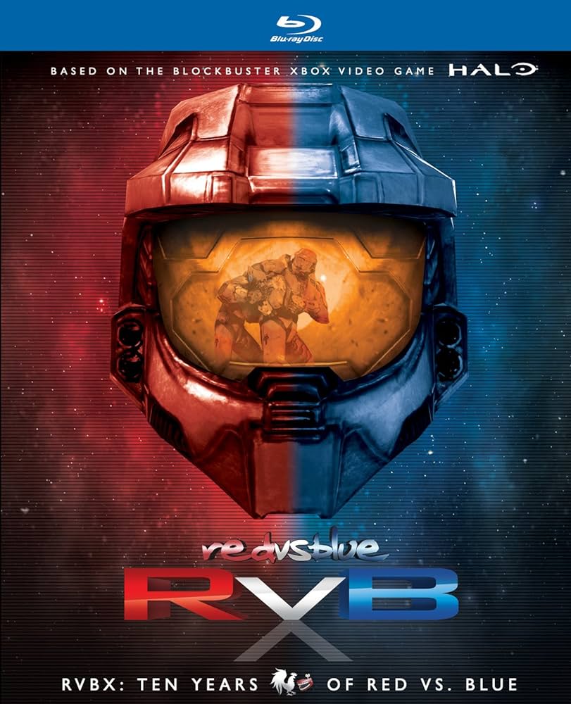 A full-head helmet that's half-red, half blue with a yellow visor, against a half-red, half-blue background, above the words "Red vs blue."