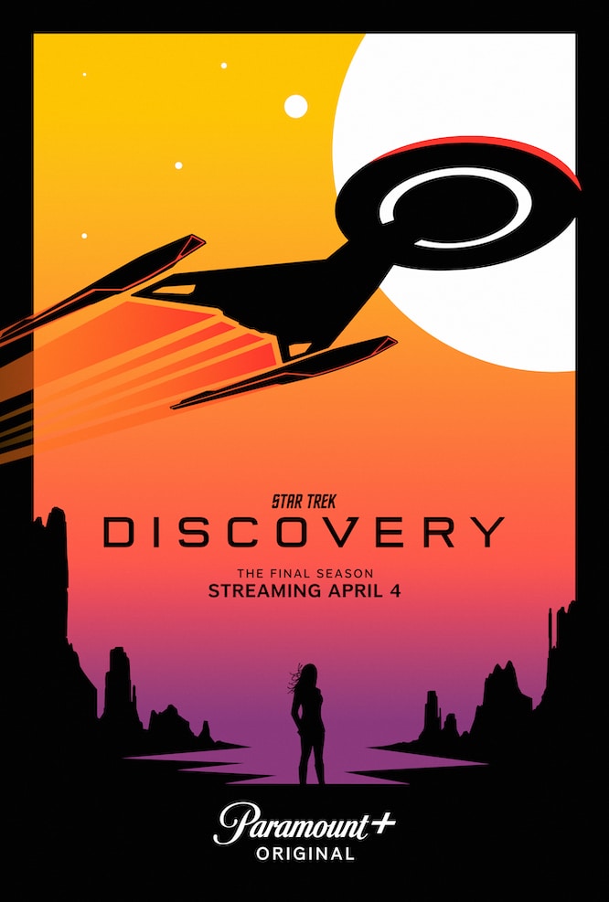 Poster for Star Trek: Discovery season 5 featuring the ship and Burnham in a modernist cut-out style.