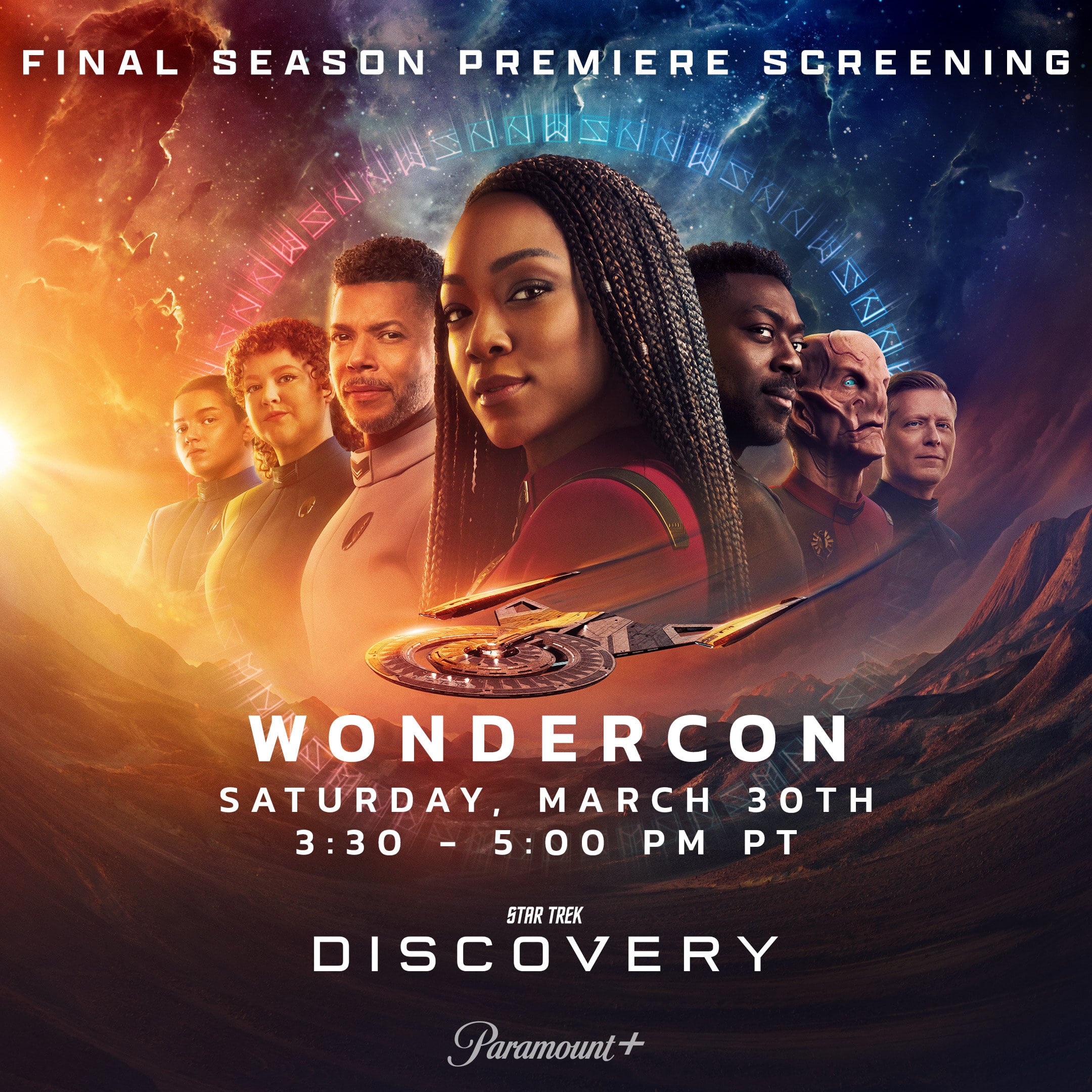 The crew of the USS Discovery in Disco season 5 pose in the infographic for Disco's WonderCon '24 panel.