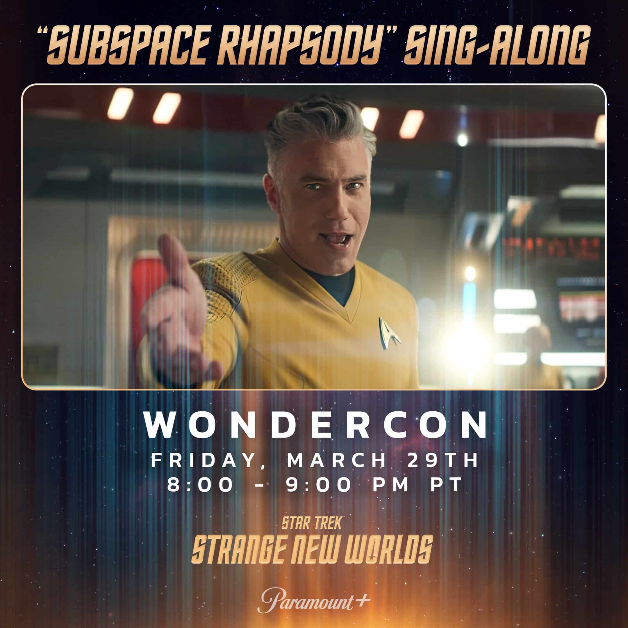 Captain Pike sings on the bridge of the Enterprise in this infographic for the "Subspace Rhapsody" Sing-Along.