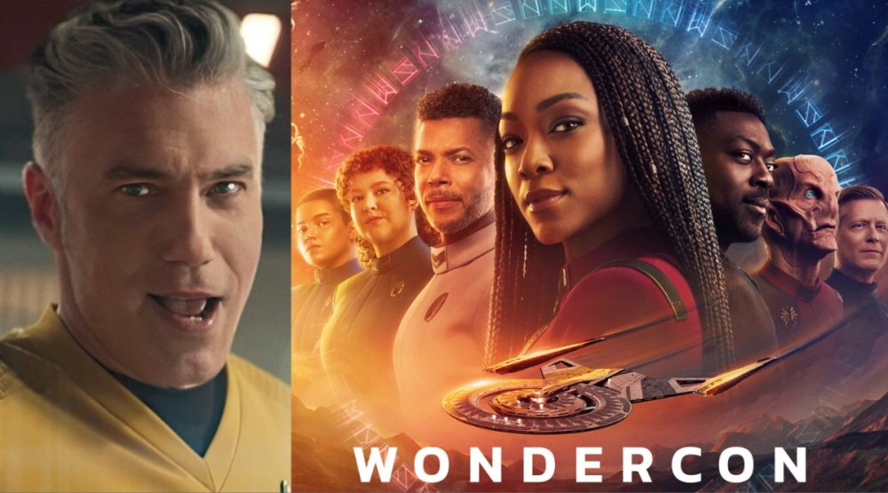 L: Captain Pike singing in Star Trek: Strange New Worlds' "Subspace Rhapsody." R: The Discovery season 5 crew above the word "WonderCon."