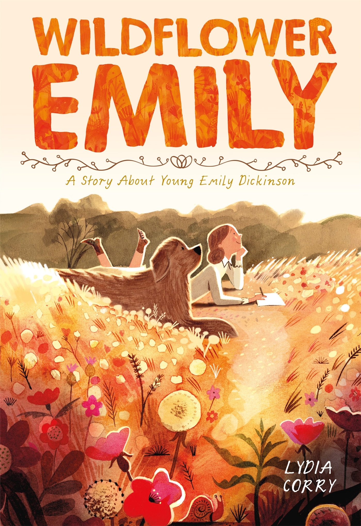 Text reads "Wildflower Emily" and image depicts girl and her dog in a field of flowers. From First Second
