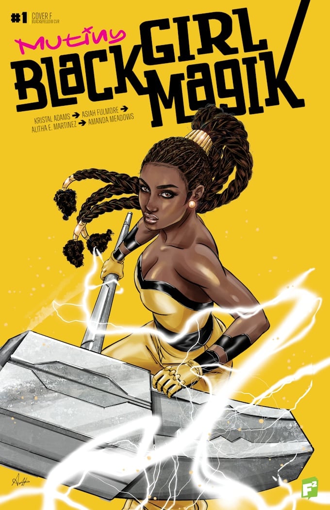 Black women in yellow wields a hammer