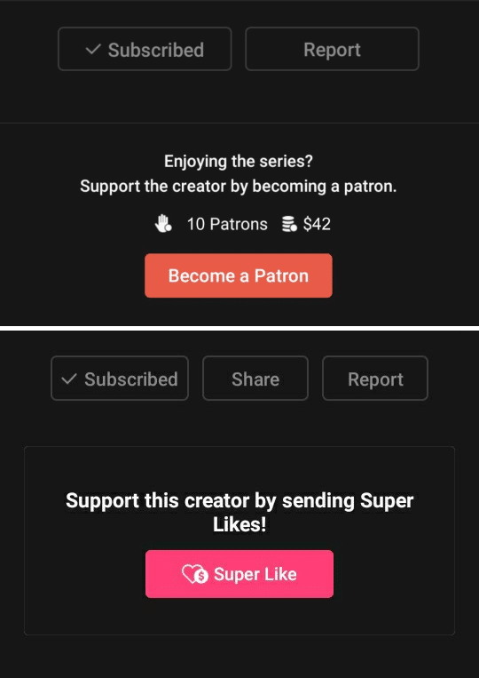 before and after of how the Patreon button was replaced with the Super Like button at the end of episodes