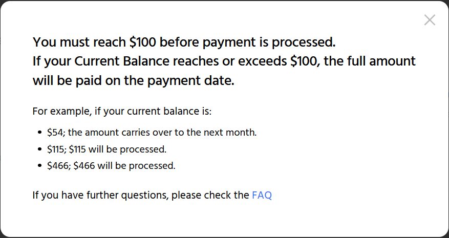 pop up in the Super Like tab explaining that creators must reach $100 before payment is processed.